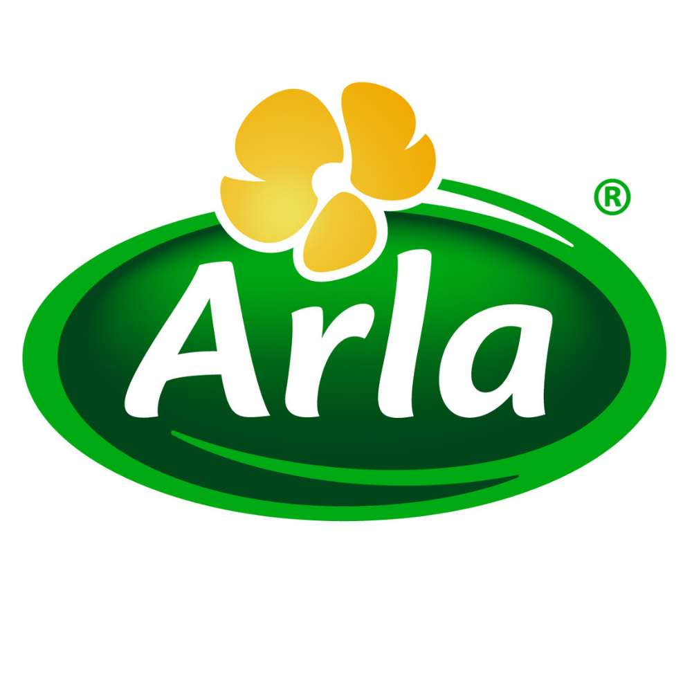 arla logo large white letters green oval background yellow flower on top