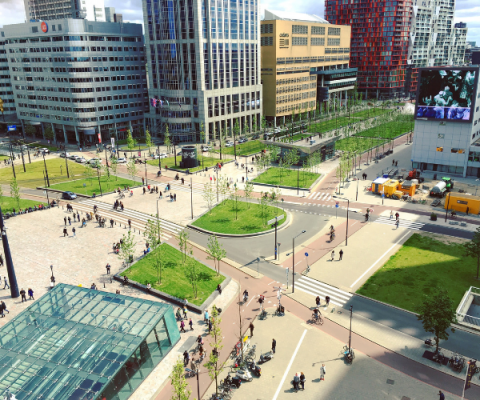 Rotterdam central station aerial view buildings bike lanes road grass